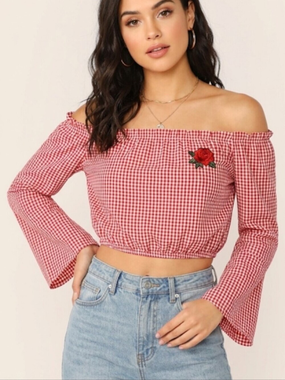 RED OFF THE SHOULDERS GINGHAM CROP TOP SIZE SMALL